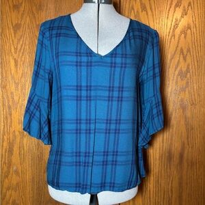a.n.a Blue Checkered V-Neck Blouse medium